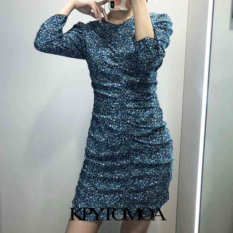 Women Chic Fashion Floral Print Pleated Mini Dress Three Quarter Sleeve Back Zipper Female Dresses Mujer 210420