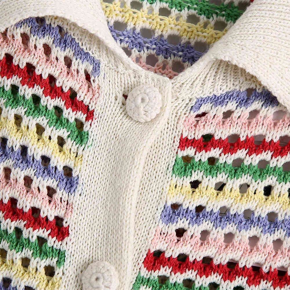 Women Elegant Rainbow Striped Print Hollow Out Sweater Casual Crochet Knitted Cardigan Coat Female Chic Single Breasted Jacquard 210521wtt