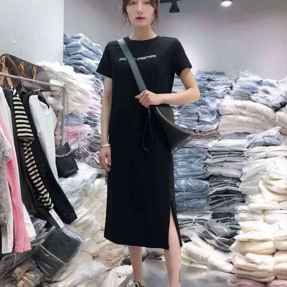 Summer Long Casual Dress for Women Loose Short Sleeve Straight Solid Letter Beach Maxi Dress Plus Size Ladies Shirt Dress 210518
