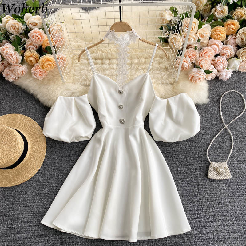 Women Elegant Halter Dress Vestidos Summer Vintage Puff Sleeve A Line Evening Party Dresses Ladies Lace Robe 210519