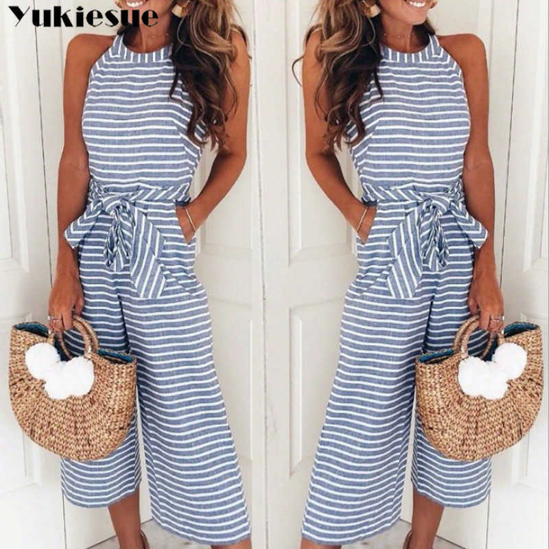 Elegant Sexy Jumpsuits Women Sleeveless Striped Jumpsuit Loose Trousers Wide Leg Pants Rompers Holiday Belted Leotard Overalls 210608