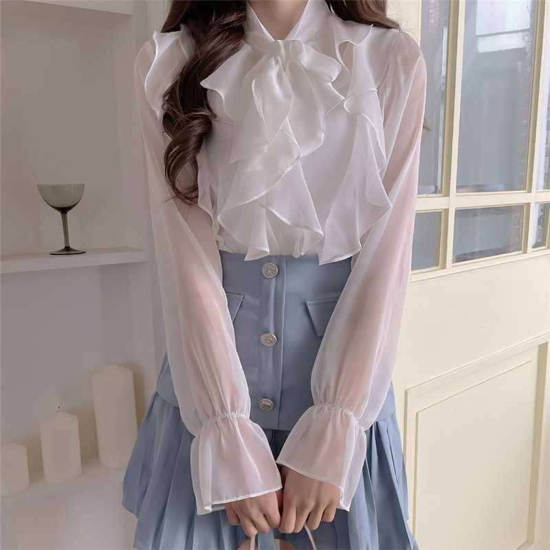 Office Lady Plus Size Light Ruffles Arrival Solid Girls Casual Vintage Gentle Streetwear Basewear Retro Shirts 210421