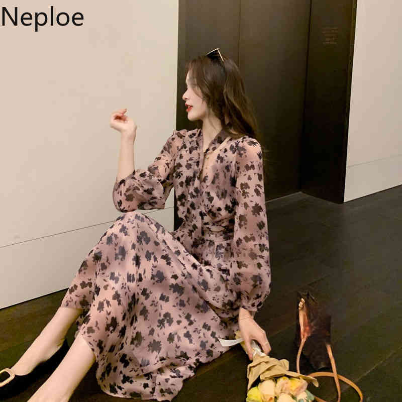 Neploe Elegant Print Dress Women Long Sleeve Slim Pleated Robe V Neck Lace-up Dresses Spring Fashion Temperament Vestidos 4i582 210422