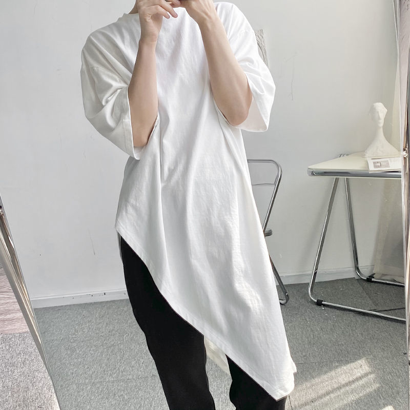 IEFB Non Iron Short Sleeve Loose Round Neck Casual Solid Color T-shirt Men's Asymmetric Mid Length White Tee 210524