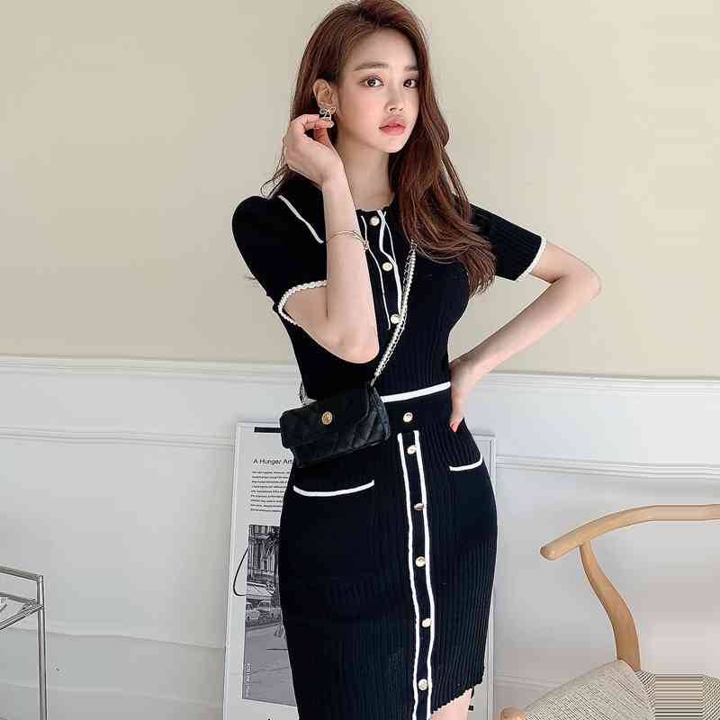 Summer women's Koreanedition Temperament Slim knit Round Neck Top Solid Purecolour Short Sleeve Fashion Skirt Suit 210506
