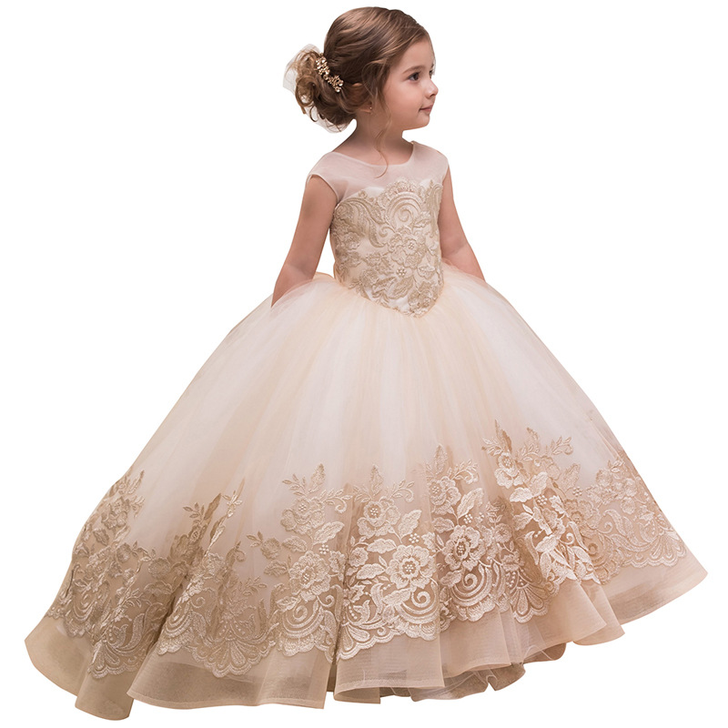Champagne Lavender Lace Little Girls Pageant Dresses 3D Floral Appliques Toddler Ball Gown Flower Girl Dress Floor Length Tulle First Communion Gowns 