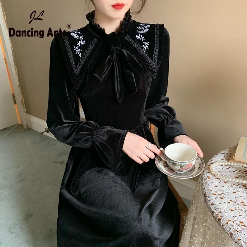 Women Dress A-Line Stand Collar Long Sleeve Mid-calf High Waist Slim Korean Fashion Vintage Autumn Woman Dresses Vestido Clothes Casual