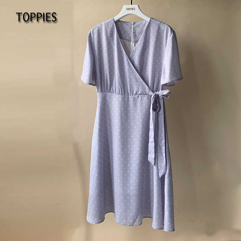 Toppies Summer Short Sleeve Shirts Dress Polka Dot Printing Woman v-neck Lace Up Belt vestido 210623