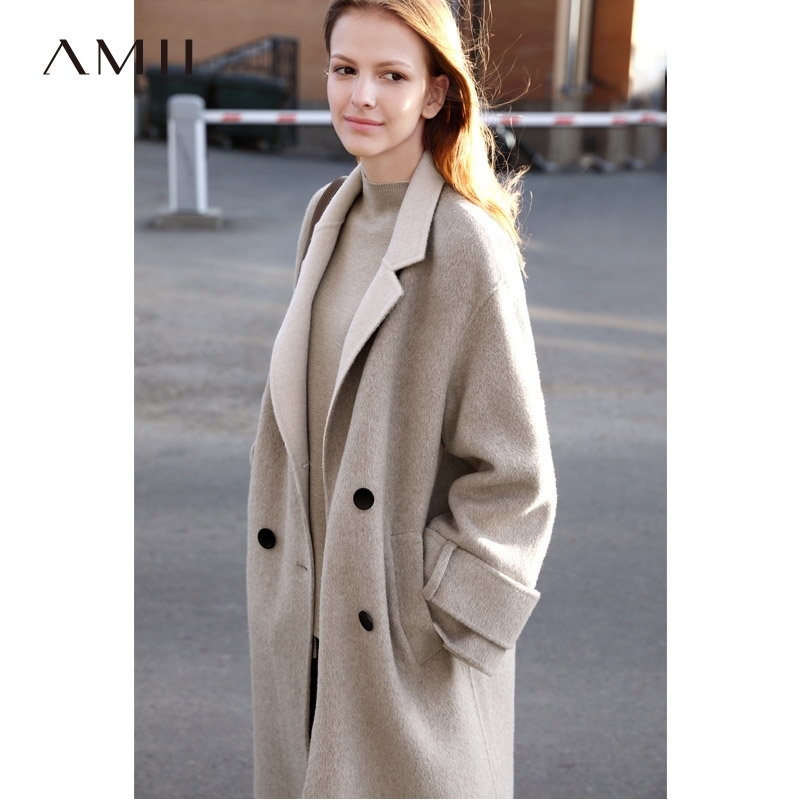 Winter Women Chic Lapel Woolen Coat Vintage Female Double-sided Suit Collar Loose Mid-Length Jacket Overcoat 11820108 210527