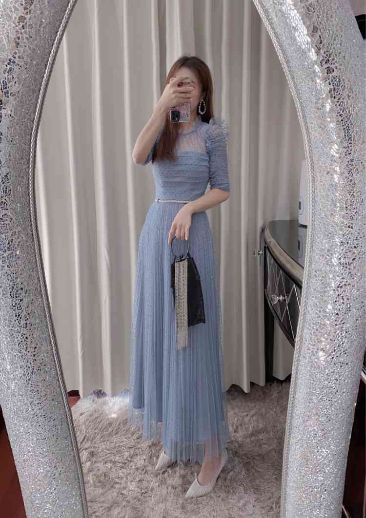 High Quality Mesh Runway Dress Summer Vintage Elegant O neck Blue Polka Dot Long es for Women With Beading Belt 210506