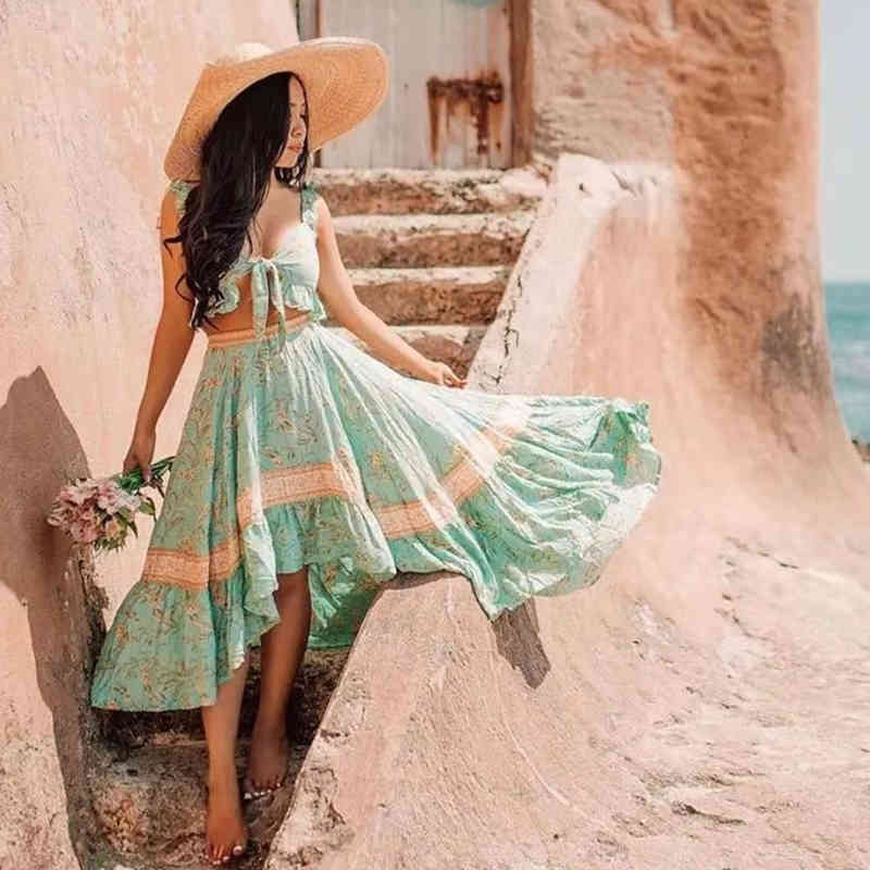 Floral print women summer dress 2 pieces set beach wrap maxi long sleeve casual holiday boho 210415
