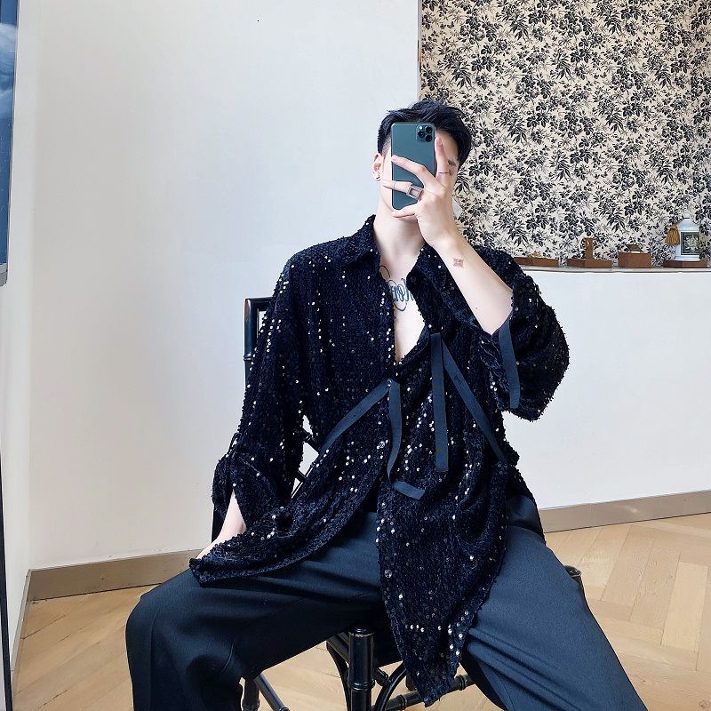 IEFB /men's wear Single-product velvet sequins fashionable lace-up large size black red shirts for male Spring new tops 9Y4068 210410