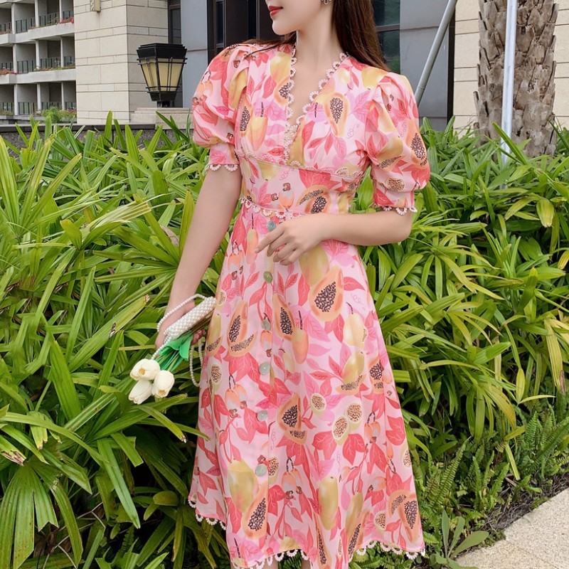 Vintage Summer Sweet Floral Printed V-Neck Single Breasted Puff Sleeve Women Female A-line High Waist Vacation Midi Dress 210519