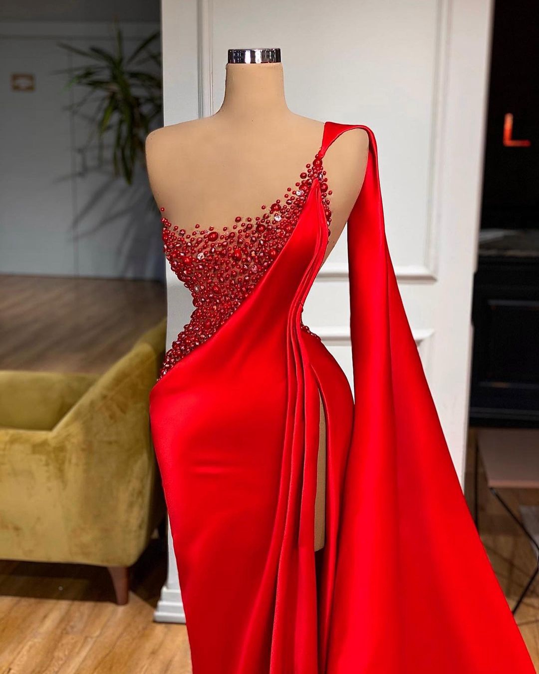 Elegant One Shoulder Red Prom Dresses Pearls Beaded Sexy high Side Split Long Evening Gowns Plus Size Mermaid Pageant Dress