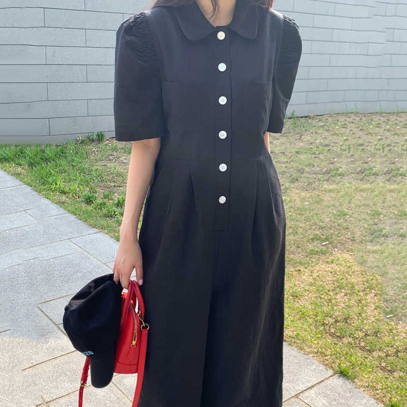 Korejpaa Women Jumpsuits Summer Western-Style Age-Reducing Lapel Multi-Pocket Loose Single-Breasted Puff Sleeve Overalls 210526