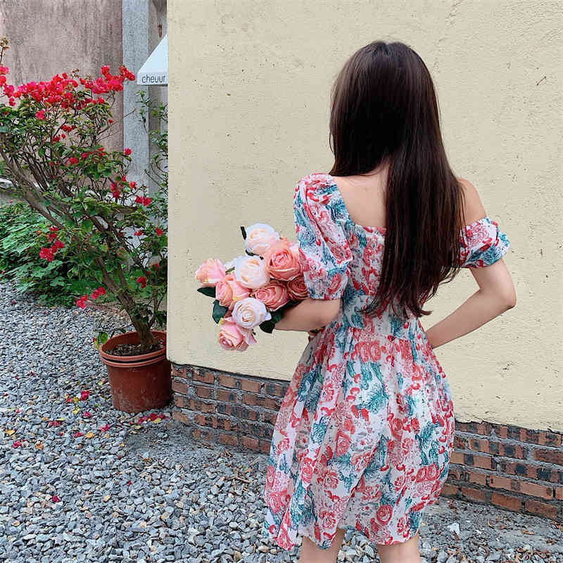 Sweet Flower Pattern Slim Waist Dresses Women Summer Elegant Square Collar Puff Sleeve Vestidos Fashion A-line Mini Dress 210519
