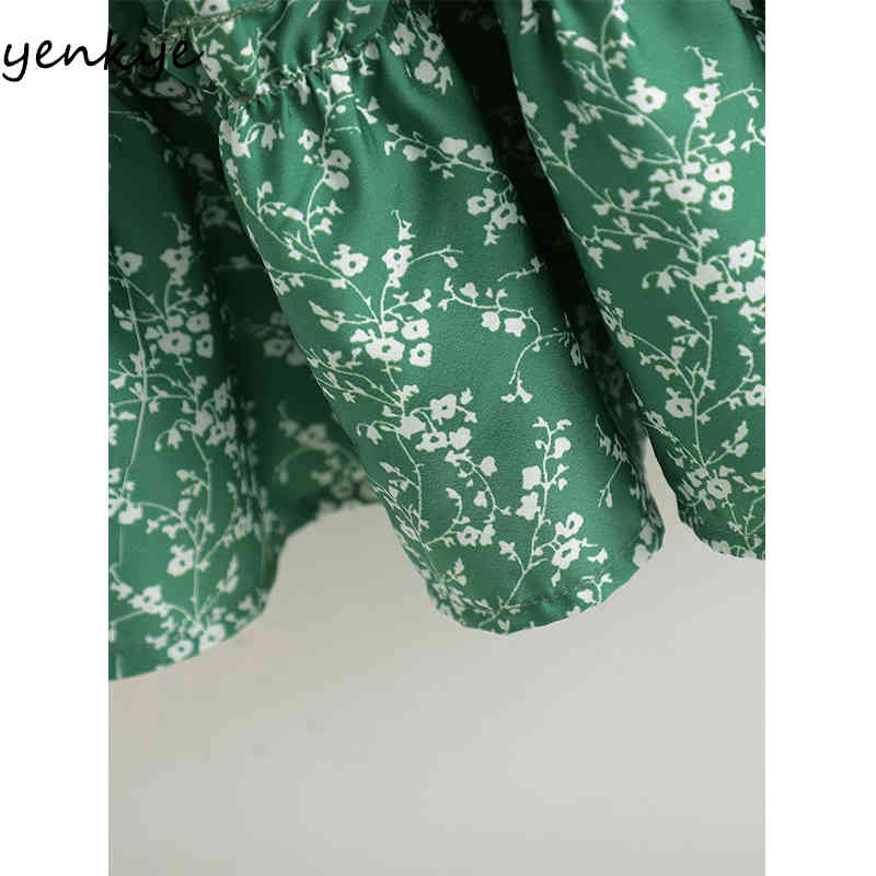 YENKYE Prairie Chic Summer Dress Women Green Floral Print Dress Female Lantern Sleeve O Neck Knee Length Big Swing Vestido 210515