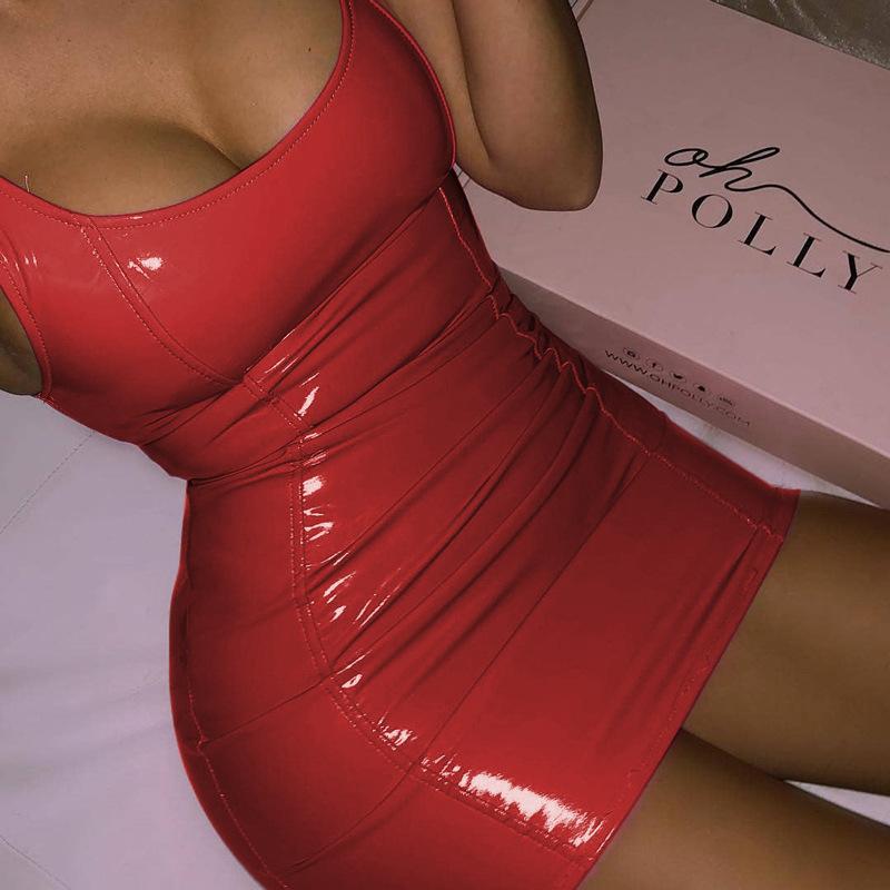 Casual Dresses Sexy Pink PU Leather Bodycon Dress Summer Women Sleeveless Low Cut Back Zipper Elastic Mini Party Club Vestido