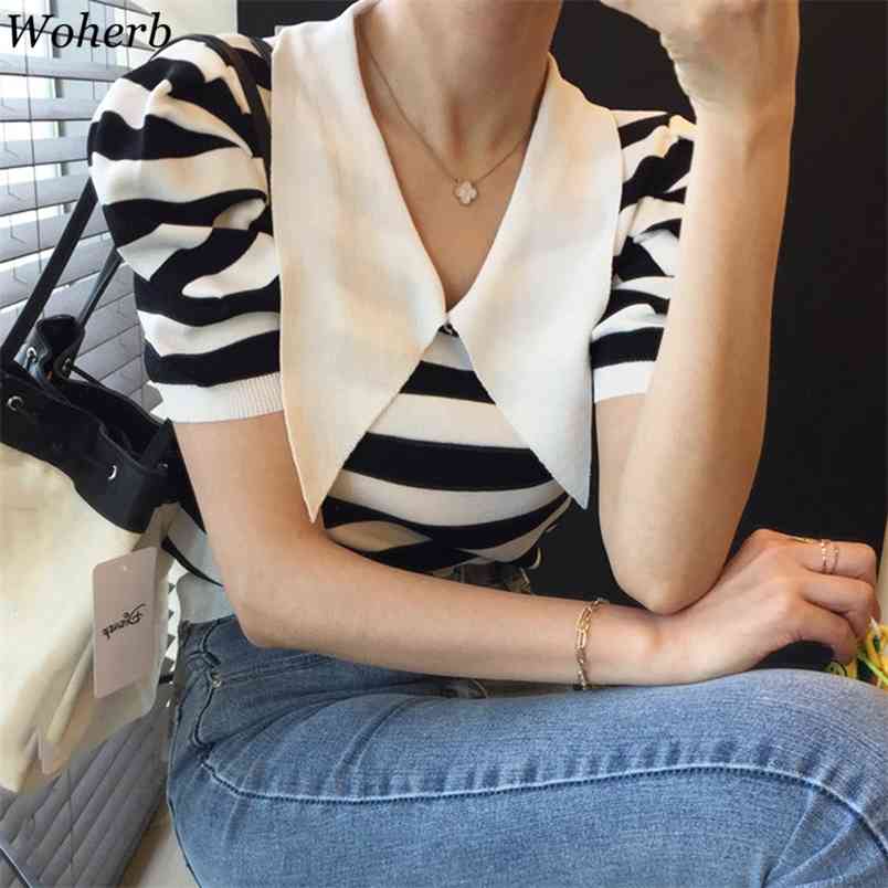 Vintage T Shirt for Women Turn Down Collar Puff Short Sleeve Tees Korean Casual Knitted Contrast Color Stripes Tshirts 210519, Black
Vintage T Shirt for Women Turn Down Collar Puff Short Sleeve Tees Korean Casual Knitted Contrast Color Stripes Tshirts 210519, Black