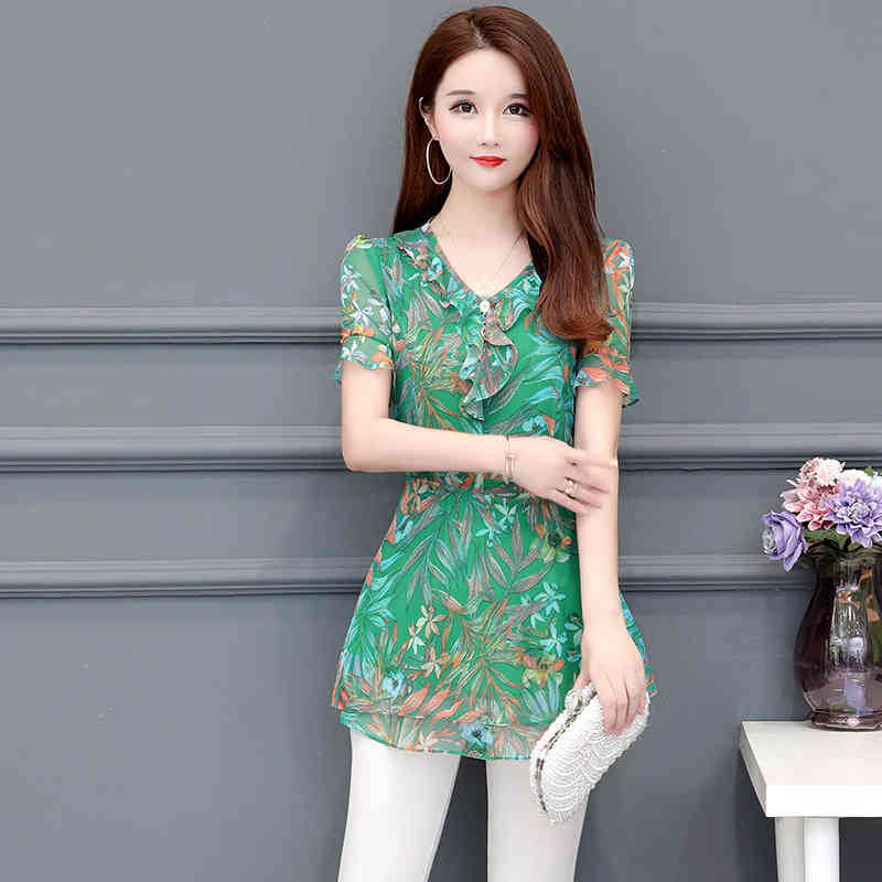 Blusas Feminina Chiffon Middle-aged Women Vetement Femme Shirt Shorts Sleeve Plus Size Print Blouse 928i 210420