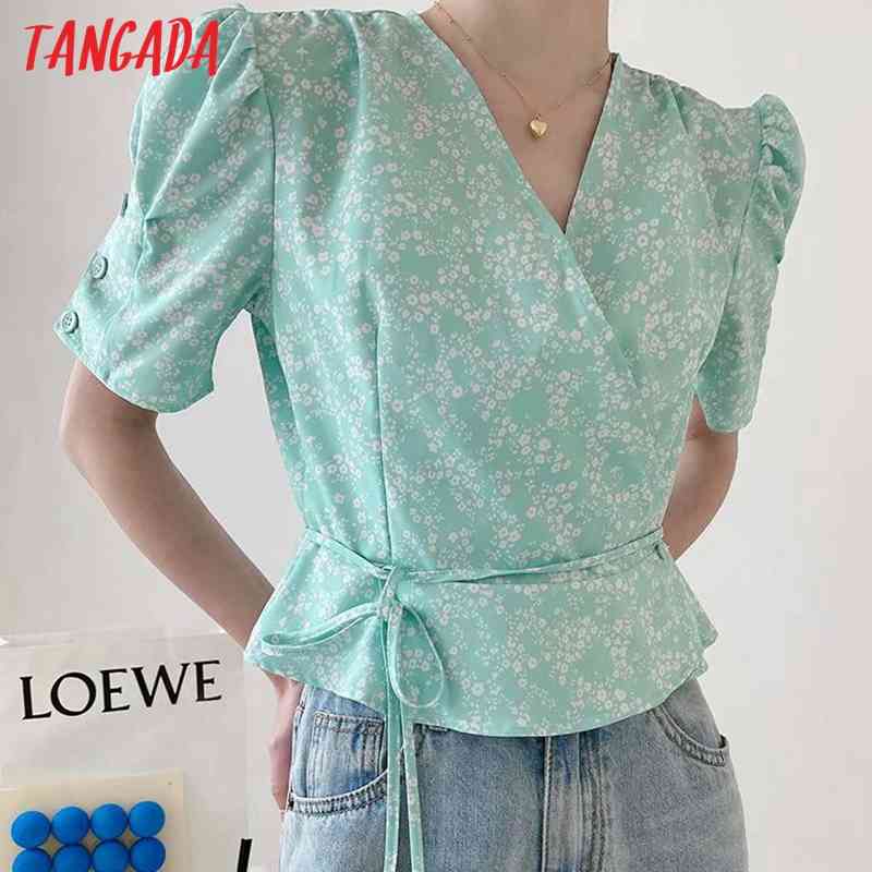 Women Retro Print Chiffon Summer Shirt with Slash Short Sleeve Chic Female Tops DA71 210416