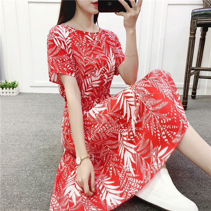 Summer Floral Print Midi Dresses Women Casual O Neck Short Sleeve Holiday Beach Elastic Waist Female Party Vestidos 210522
