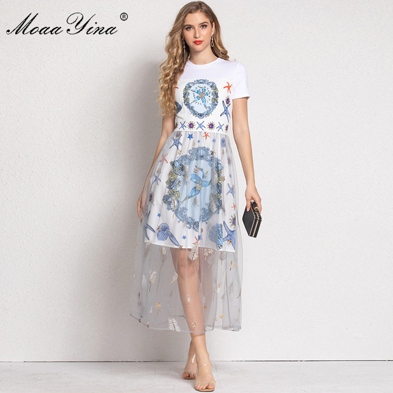 Fashion Dress Summer Women's dress Short sleeve Beaded Starfish Shell Print Mesh Embroidery Sequins Dresses 210524