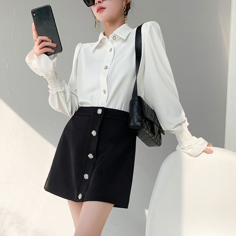 Elegant Casual Blouse For Women Lapel Long Sleeve White Patchwork Button Female Fashion Clothing 210524