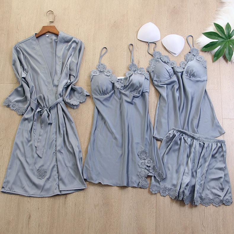 Leisure Female Nightwear Lace Kimono Bathrobe Gown 4PCS Sleepwear Strap Top Robe With Belt Spring Faux Silk Nightdress Women's