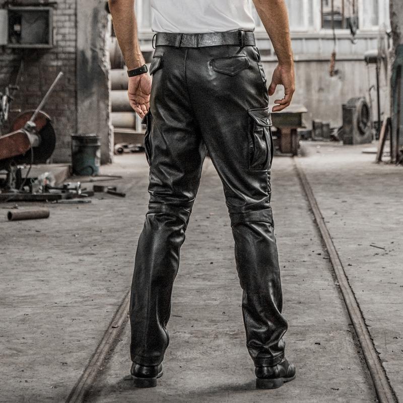 Designer Genuine Leather Men's Brand Profession Motorcycle Biker Long Trousers Vintage Large Size Soft Cowskin Black Pants