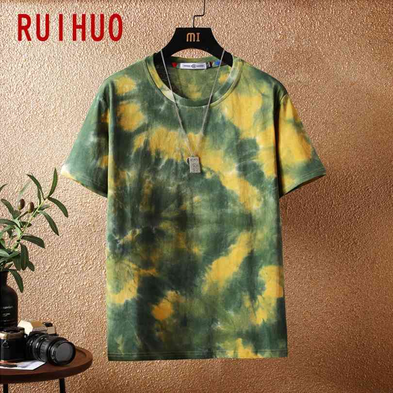 RUIHUO Tie Dye Short Sleeve Men's T-Shirt Fashion Streetwear Hip Hop T Shirt For Men Tshirt Japanese Clothing Man M-5XL 210329