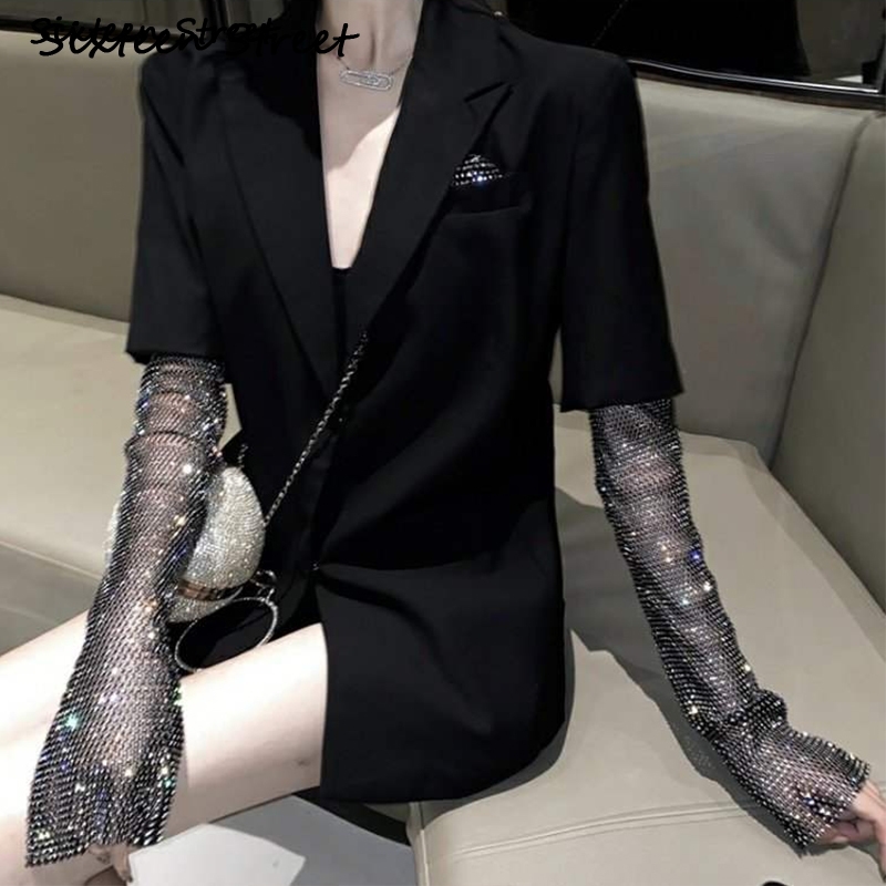 Woman Blazer Jacket Diamond Sleeve Bling Autumn Winter Notch Collar Streetwear Black Coat Female Casual Fashion 210603 - view 3