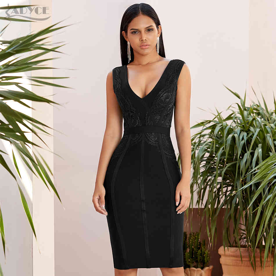 Summer Black Tank Bodycon Bandage Dress Women Sexy Sleeveless V Neck Lace Club Celebrity Evening Party Dresses 210423