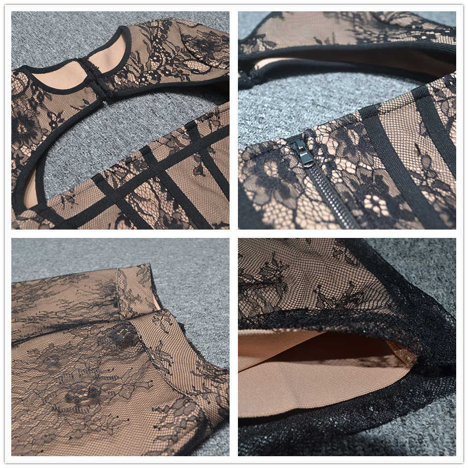 Women's Sexy Printed Lace Hollow Backless Bodycon Petal Long Sleeve Skinny Two-piece Celebrity Party Fashion Set 210525