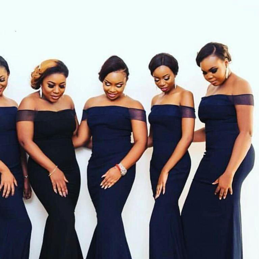 2021 Elegant Simple Sexy Dark Navy Off Shoulder Mermaid Bridemaid Dree Long Plu Size Wedding Guet Party Gown Satin Sweep Train African Maid Of Honor 0