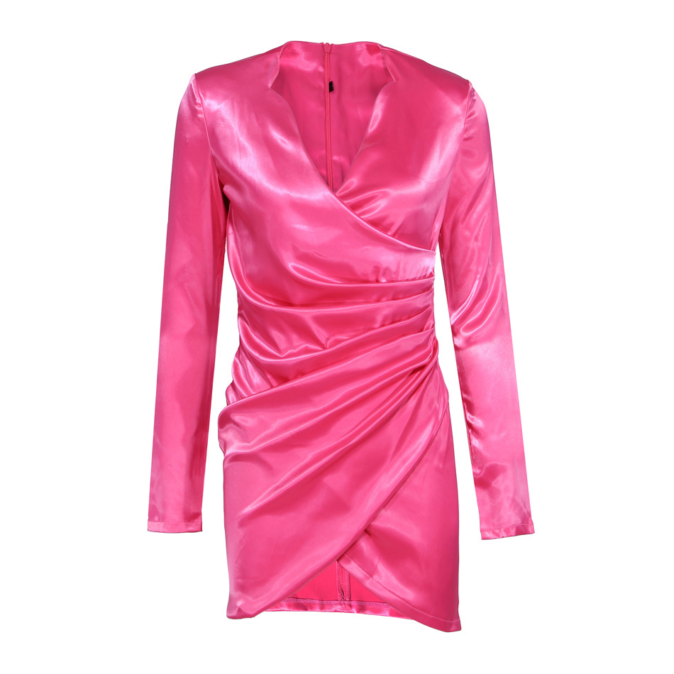 Free Women's Satin Dress Solid Color Sexy Deep V Neck Long Sleeve Bodycon Draped Christmas Mini es 210524