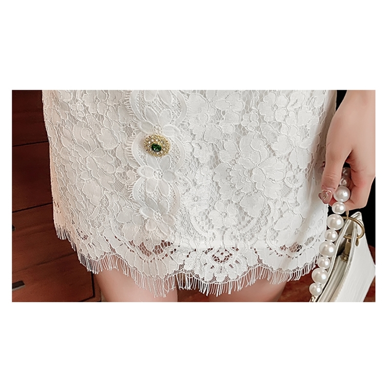 Women's Summer Dress Ladies Puff Short Sleeve Lace Hollow Out Elegant Mini Female Stand Collar Diamond Button Vestidos 210520