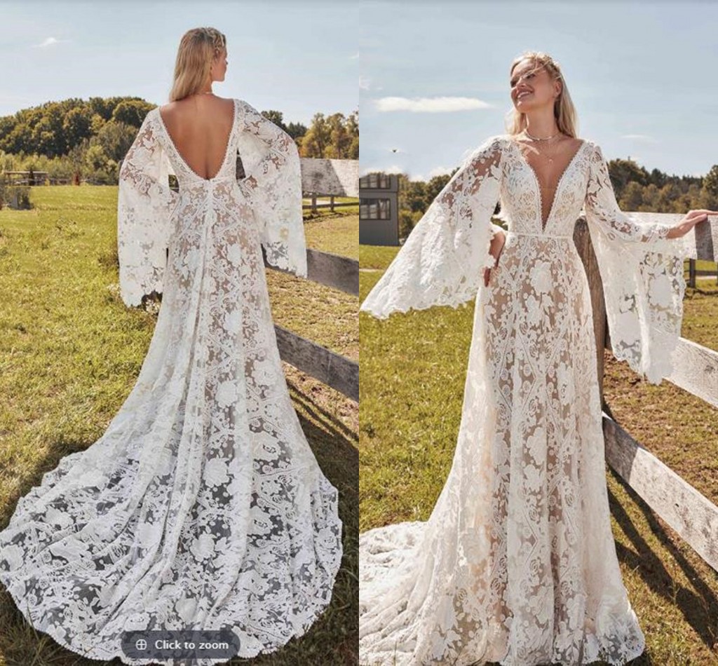 Vintage Bohemian Wedding Dresses with Long Bell Sleeve 2021 Full Lace Floral V-neck Backless Country Beach Bridal Dress Outdoor