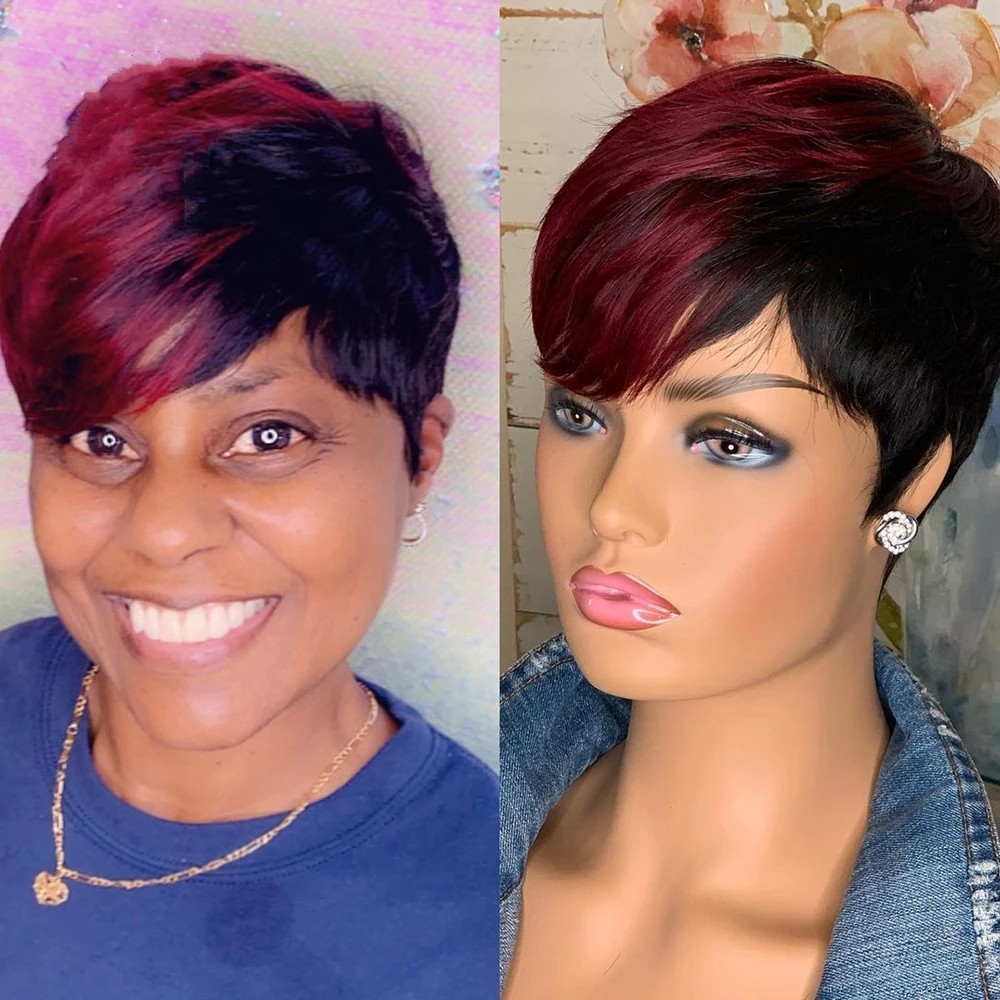 Ombre Red Pixie Cut Short Bob Wig For Black Women Brazilian Human Hair Wigs With Bangs Cosplay Bone Straight Full Machine Made
