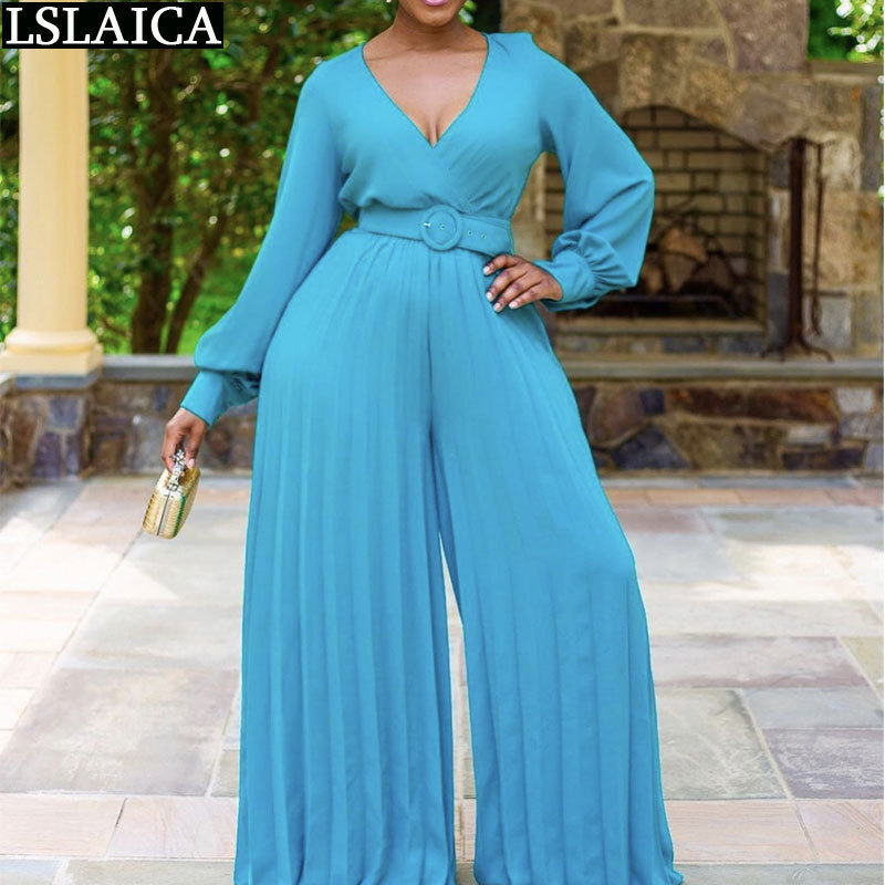 Overalls for Women Long Sleeve Belt Formal Party Fashion Solid Color Deep V Neck Loose Elegant Jumpsuit 210515