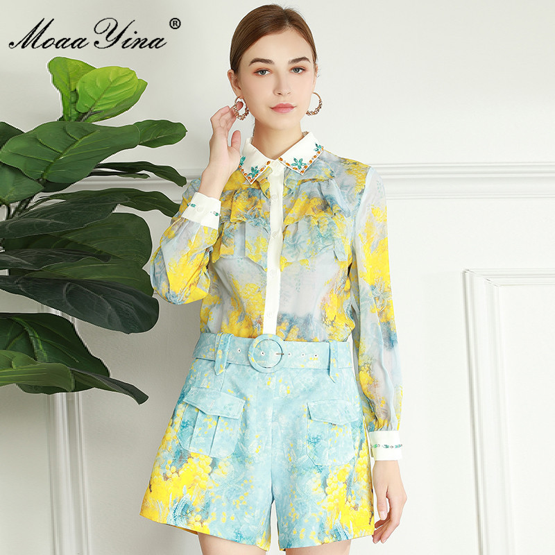 Fashion Runway Summer Two Piece Sets Women's Ruffle Elegant Long Sleeve Yellow Print Blouse+Casual Shorts Suit 210524