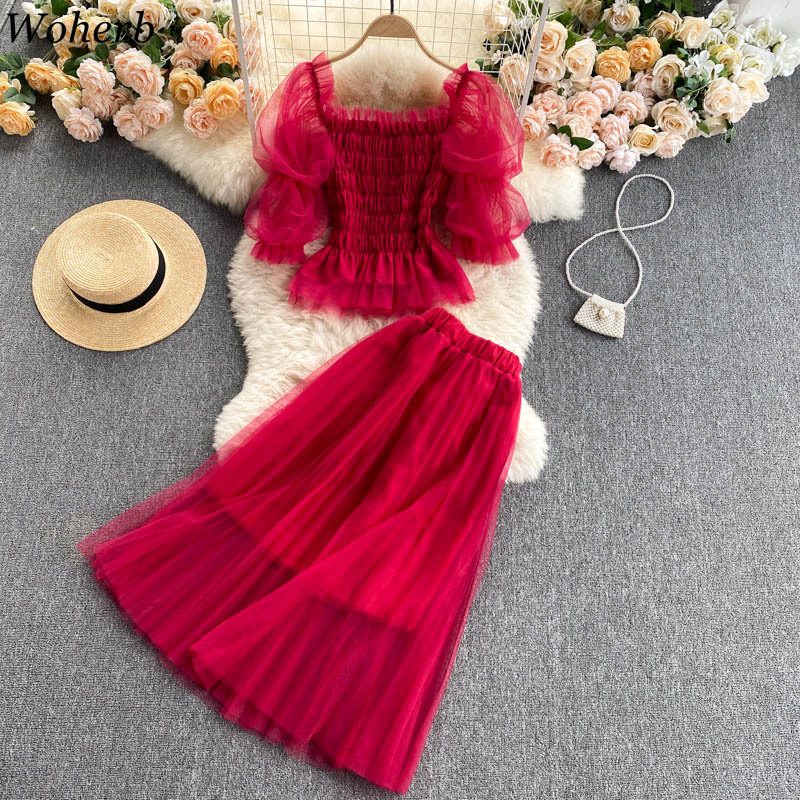 Korean Fashion Summer Clothes Women Sweet Mesh Two Piece Sets Sexy Crop Tops + Pleated Long Skirts Outfit Ladies Suits 210519