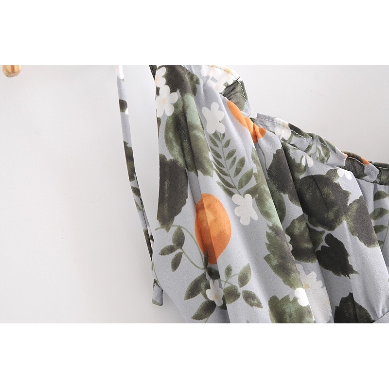 Holiday Summer Lemon Floral Print Sling Dress Sexy Sleeveless V Neck A-line Chiffon Long Spaghetti Strap Casual Beach 210429