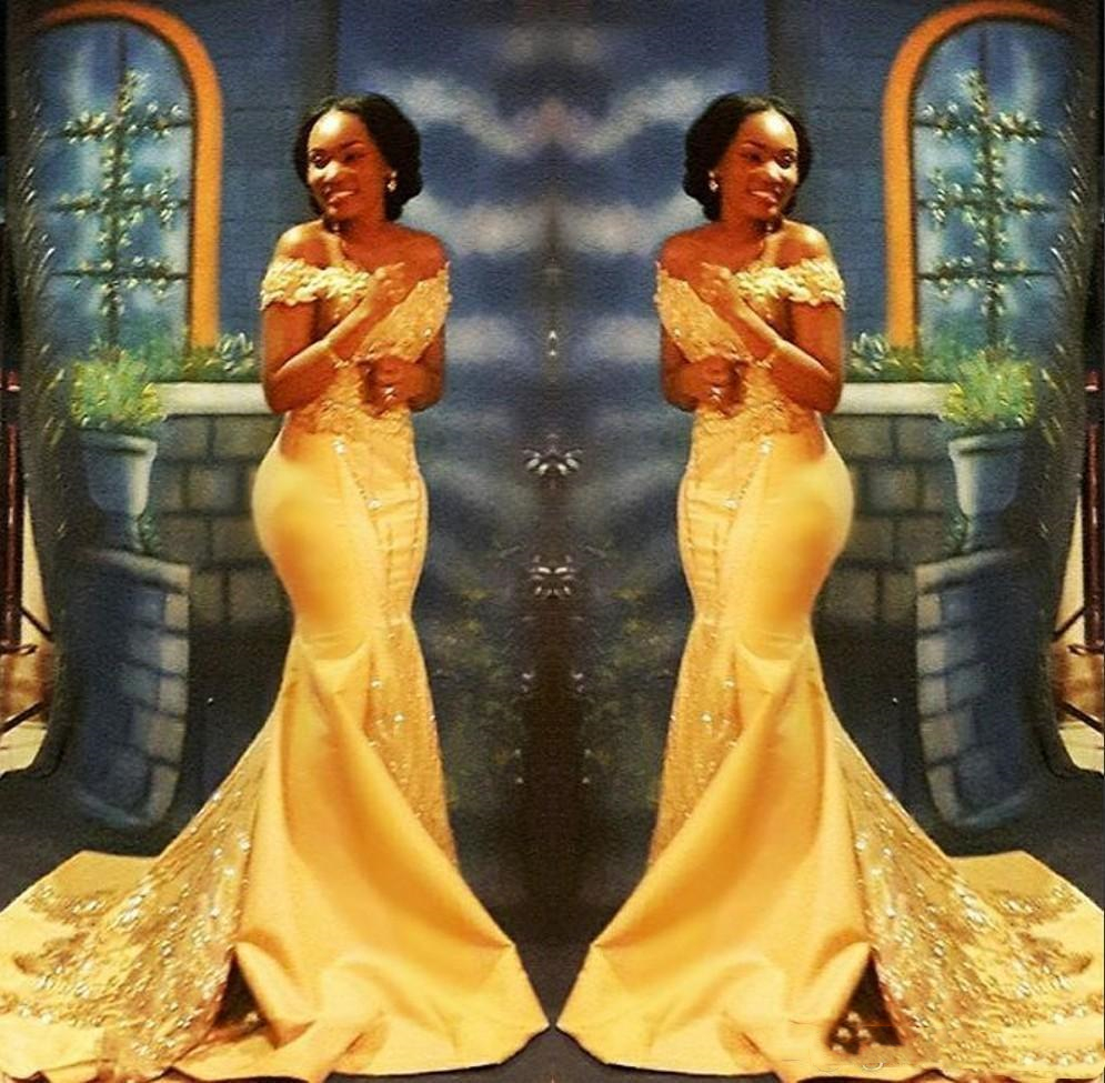 2026 Elegant Yellow African Mermaid Evening Dresses Long Train Formal Off The Shoulder Luxury Beaded Crystals Sequins Satin Arabic Plus size Trumpet P