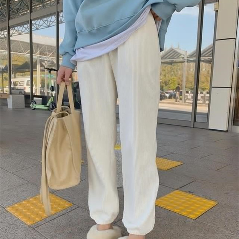 Spring Autumn Elegant Casual Sweatpants High Waist Straight Corduroy Pants Women Bottoms OL Solid Loose Trousers 210421