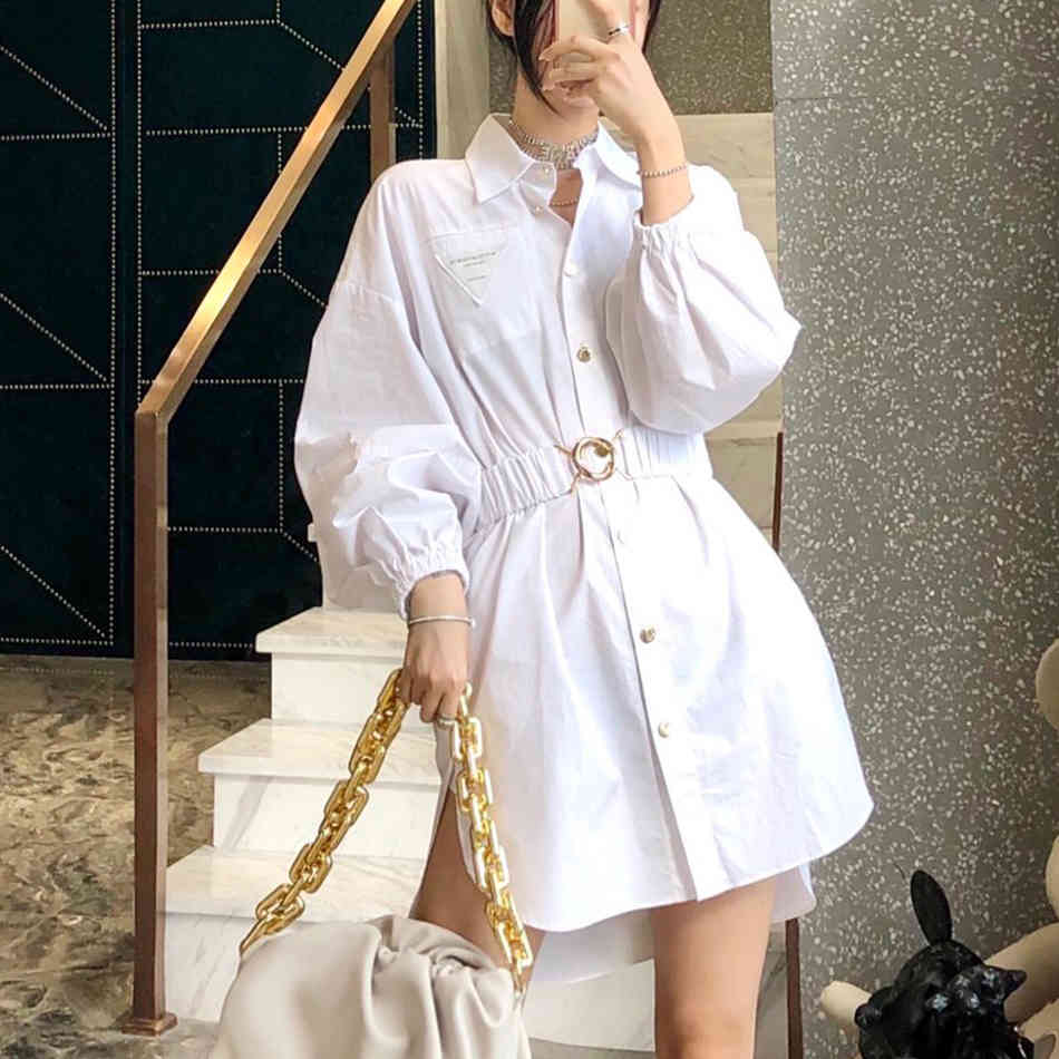 Free Spring Women's Loose Shirt Dress Lapel Lantern Sleeve With Belt Single Breasted Casual Midi Dresses 210524