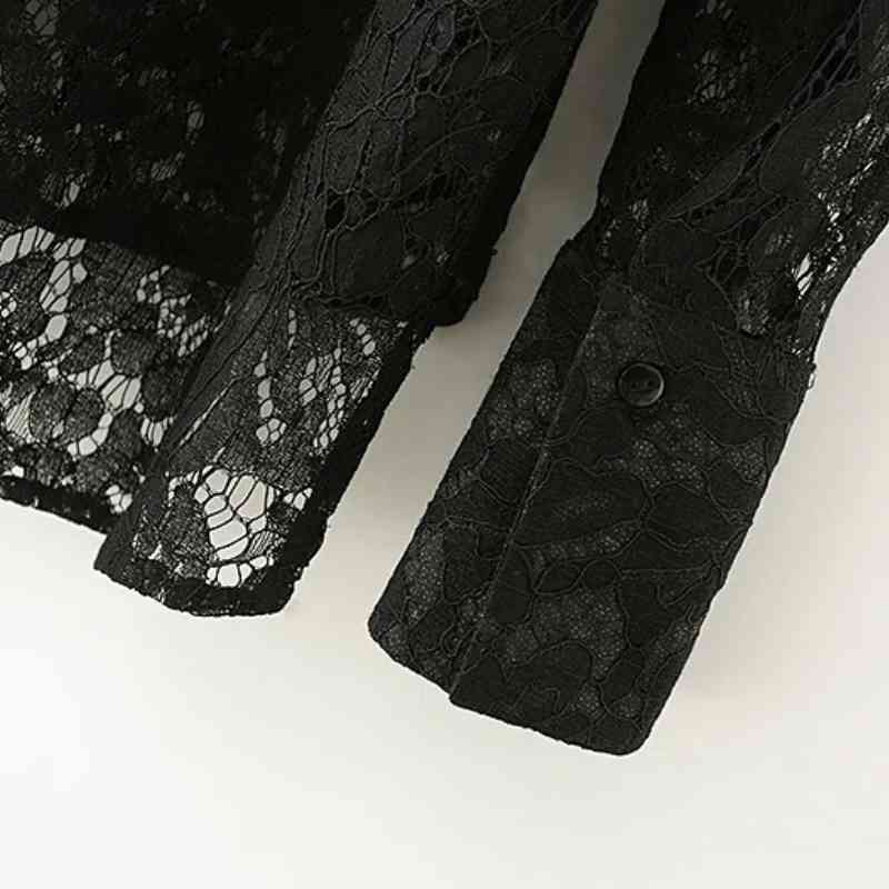 Women Bow Tie Hollow Out Lace Black Blouse Female Long Sleeve Shirt Casual Lady Loose Tops Blusas S8317 210430