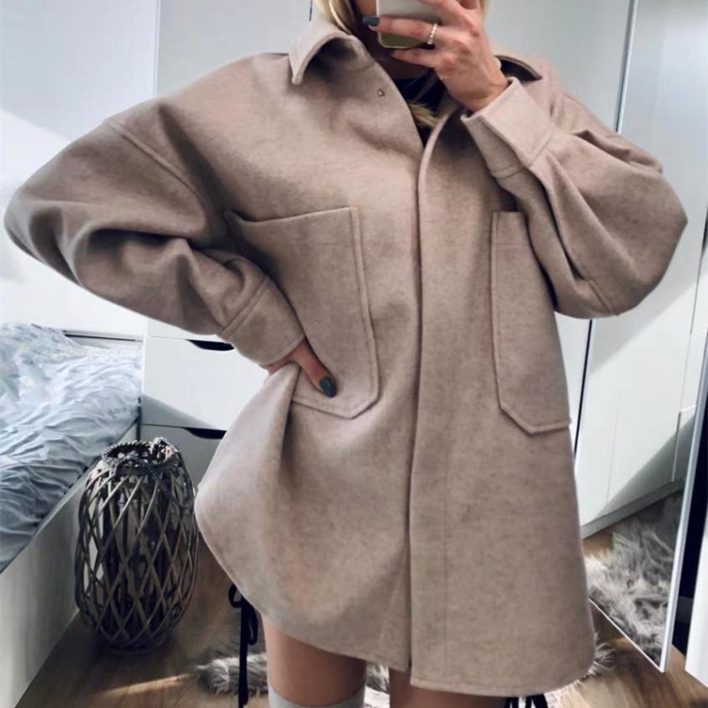 Casual Woman Camel Loose Pocket Woolen Shirt Fashion Ladies Autumn Long Sleeve Thick Blouse Coat Female Outwear 210515
