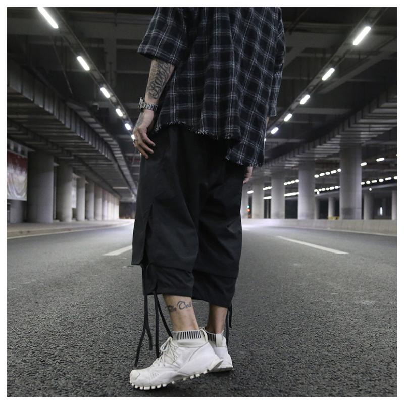 European And American High Street Dark Fan Can Tie Ribbons Layered Stitching Slits Loose Casual Six-point Wide Pants Men's