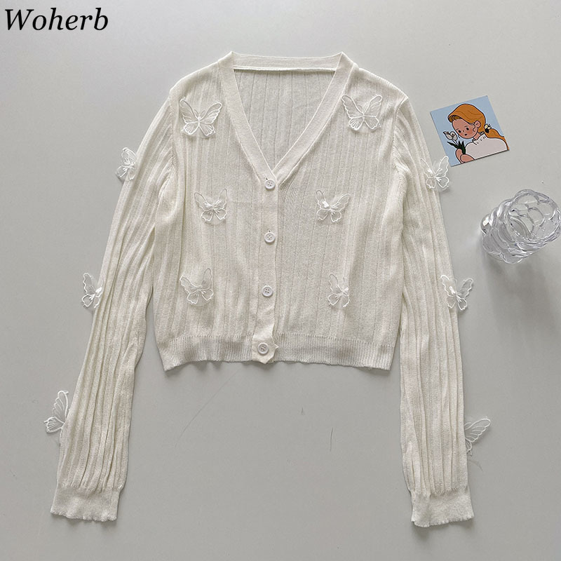 Knitted Thin Sweater Women Korean 3D Butterfly V Neck Long Sleeve Cardigan Coat Sun Protection Slim Cropped Tops 4j307 210519